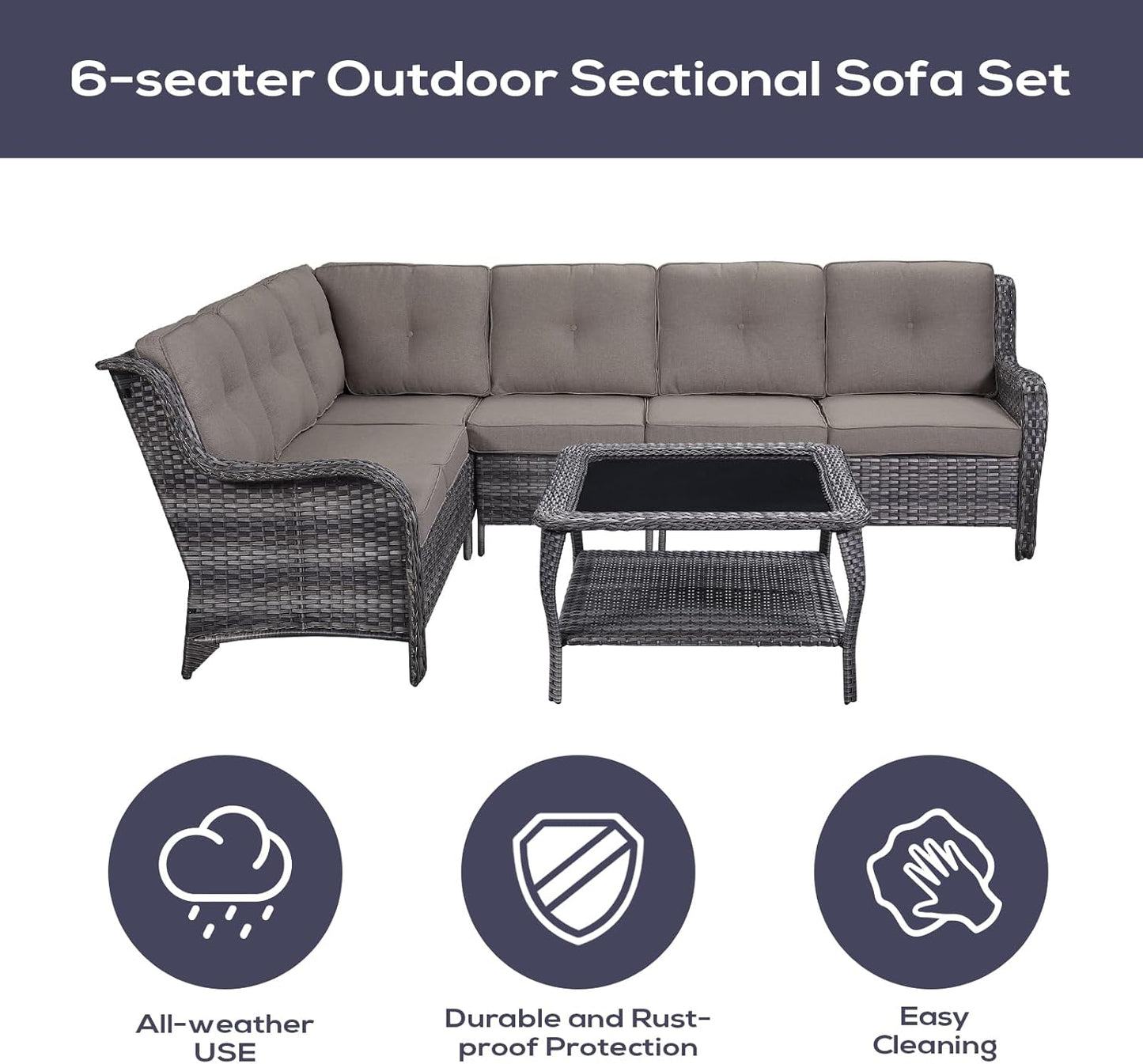 Outdoor Furniture Sectional Sofa L Shaped Couch - Patio Wicker Furniture Set with Coffee Table, 3 Piece Rattan Patio Conversation Sets with Gray Cushion for Deck Backyard Sunroom