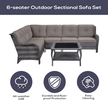 Outdoor Furniture Sectional Sofa L Shaped Couch - Patio Wicker Furniture Set with Coffee Table, 3 Piece Rattan Patio Conversation Sets with Gray Cushion for Deck Backyard Sunroom