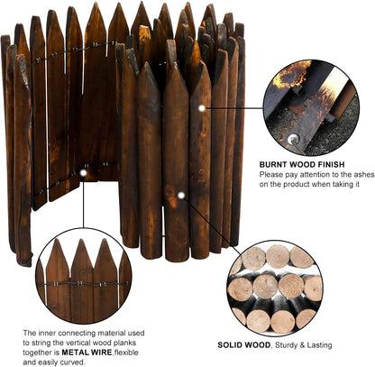 Worth Garden Wooden Short Fence Burnt Wood Finish Outdoor Landscape Edging Flexible Decorative Border - Tree Fence - Spring Garden & Yard Maintenance - 7.9'' H x 42'' L - K619A05