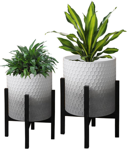 10 & 12 Inches Planters with Metal Sand for Indoor Plants Set of 2,Decorative Plant Pots with Holder, Outdoor Flower Pots with Legs, Modern Garden Pot with Drainage Holes for Snake Plant, House plants