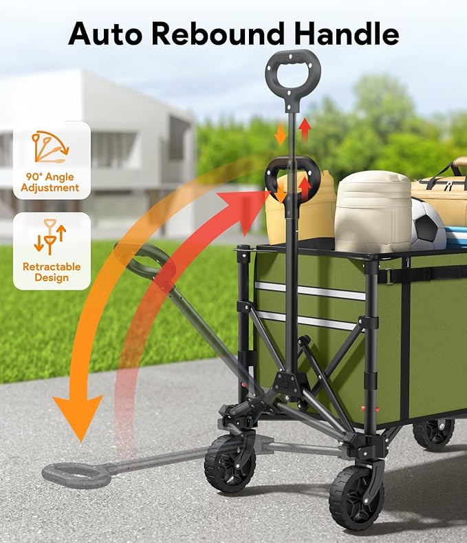 Collapsible Wagon Cart with Wheels 220lbs Foldable Wagon 120L Shopping Cart for Groceries Folding Utility Wagon for Beach, Garden, Camping, Sport, Wheelbarrows, Green