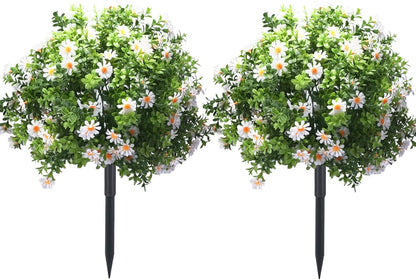23.6" Artificial Boxwood Topiary Ball Trees with White Flowers, Set of 2 UV Resistant No Fade Outdoor Faux Plants with Ground Spike, Fake Shrubs for Garden, Patio, Porch, Yard, Indoor Decor
