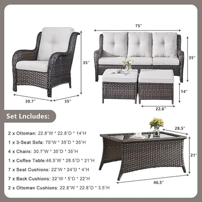 Rilyson Wicker Patio Furniture Chairs Set - 8 Piece Rattan Outdoor Patio Sectional Conversation Sets with 1 Sofa,4 Armrest Chairs,1 Coffee Table and 2 Ottomans for Porch Deck Garden(Brown/Beige)