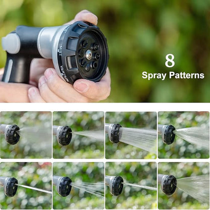 FANHAO Garden Hose Nozzle Heavy Duty, 100% Metal Water Hose Sprayer with 8 Spray Patterns, High Pressure Spray Nozzle Thumb Control On Off Valve for Lawn & Plant Watering, Car & Pet Washing - Silver