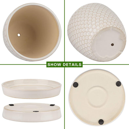 Docrin Ceramic Plant Pots Indoor, 6.6 + 5.5 Inch Flower Pots with Drainage Holes and Saucer for Plants, Set of 2, Milky White Honeycomb