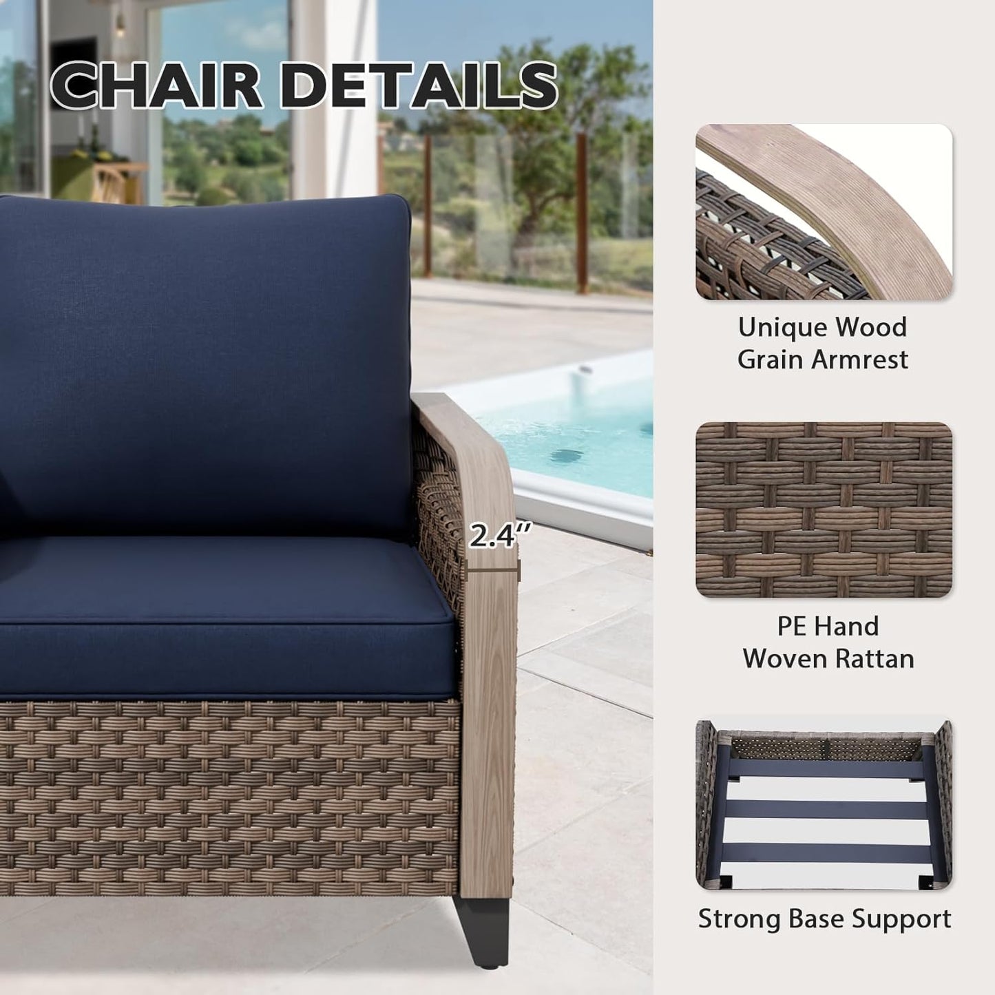 EAGLE PEAK Modern Wicker Outdoor Chair, Patio Chair Curved Armrest, Rattan Patio Furniture for Yard Deck Porch Garden, 2 Chairs, Brown/Blue