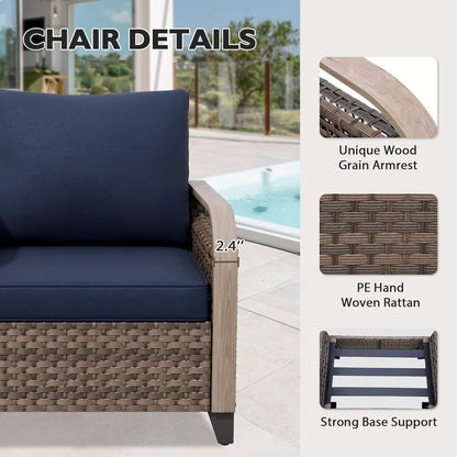 EAGLE PEAK Modern Wicker Outdoor Chair, Patio Chair Curved Armrest, Rattan Patio Furniture for Yard Deck Porch Garden, 2 Chairs, Brown/Blue