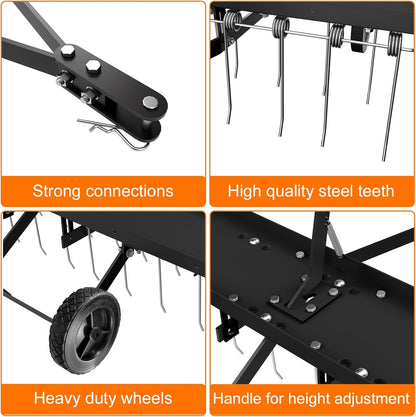 48" Tow Behind Lawn Dethatcher, Pull Behind Rake with 24 Rust-Proof Tines and Heavy Tires, Lawn Tractor Rake with Lift Handle, Black Tow Behind Rakes to Remove Thatch, Leaves from Large Lawn Area