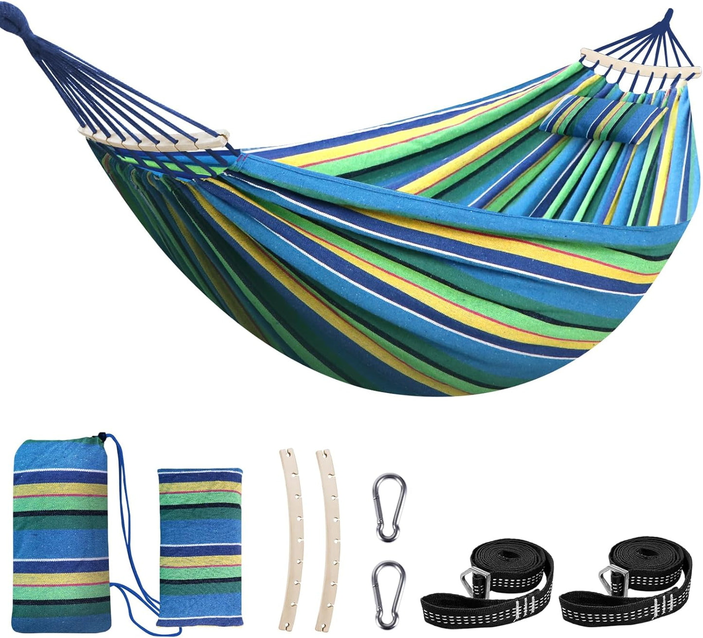 Chihee Cotton Hammock Large Soft Breathable Camping Hammock Holds Up to 660lbs Portable Tree Hammock with Detachable Spreader Bar Pillow 2 Strong Webbings 2 Carabiners Patio Garden Indoor Outdoor