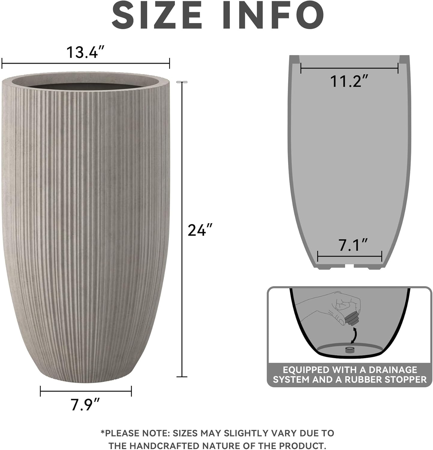 Kante 24 Inch Tall Round Concrete Planter, Large Indoor Outdoor Plant Pots with Drainage Hole and Rubber Plug, Modern Decorative Garden Pots for Home Patio Porch, Textured Weathered Concrete