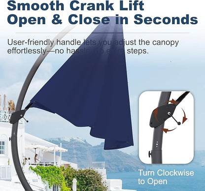 12FT Cantilever Umbrella with Base Large Curvy Outdoor Aluminum Offset Umbrella w/ 360° Rotation, UV Resistant Canopy for Patio, Garden, Backyard, Navy Blue
