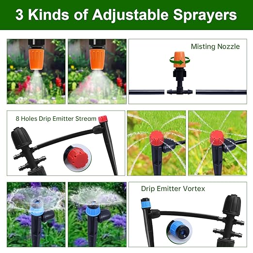 260 FT Drip Irrigation System Kit, Automatic Garden Watering System with 1/2" & 1/4" Tube for Greenhouse, Lawn, Raised Bed, Micro Misting Plant Sprinkler System, Adjustable Drip Emitters