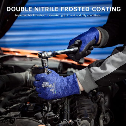 ANDANDA Level 5 Cut Resistant Gloves, 3D Comfort Stretch Fit, Double Frosted Nitrile Coated Work Gloves with Power Grip, Ideal Work Gloves for Handle Glass & Sharp Metal, Blue(XL),1Pair