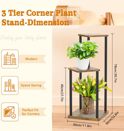 3 Tier Plant Stand Indoor, Metal Wood Tiered Corner Plant Stands Pot Holder, Wood Flower Shelf Orchid Display Rack for Living Room Bedroom Outdoor Balcony Garden Patio, Black