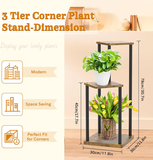 3 Tier Plant Stand Indoor, Metal Wood Tiered Corner Plant Stands Pot Holder, Wood Flower Shelf Orchid Display Rack for Living Room Bedroom Outdoor Balcony Garden Patio, Black