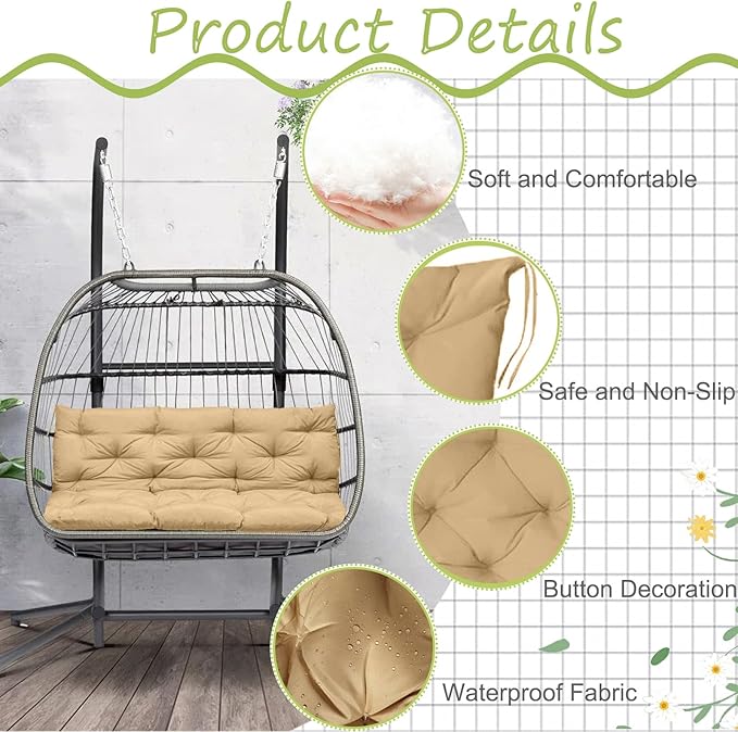 Swing Replacement Cushions with Backrest, 2 or 3 Seater Waterproof Non-Slip Overstuffed Swing Pad, Indoor/Outdoor Bench Cushion for Porch Chair Garden Furniture (Beige, 40 * 71 in)
