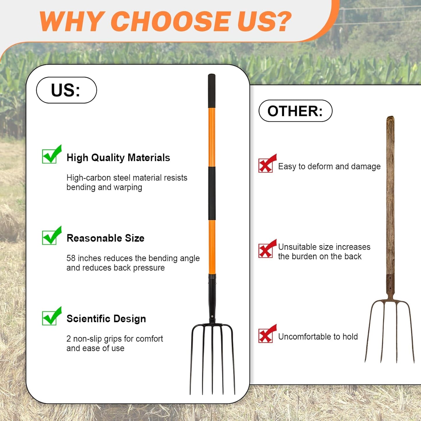 5 Tine Pitchfork for Gardening, Heavy Duty Pitchfork with Fiberglass Handle, Garden Fork for Mulching, 58 Inches