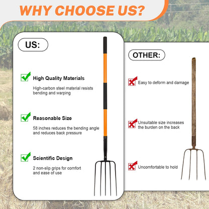 5 Tine Pitchfork for Gardening, Heavy Duty Pitchfork with Fiberglass Handle, Garden Fork for Mulching, 58 Inches