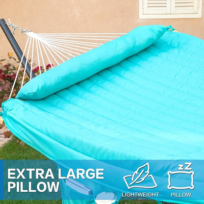 PNAEUT Double Hammock with Stand for Outside, Rope Hammocks with Polyester Pad 2 Person, 12ft Heavy Duty Stand, Extra Pillow, Storage Sidebag, Max 475 lbs Capacity (Lake)