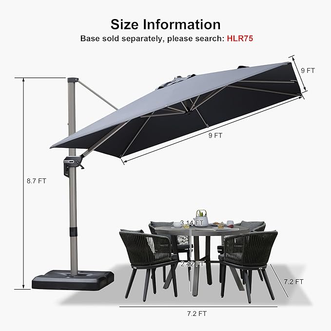 PURPLE LEAF 9' X 9' Patio Umbrella Outdoor Cantilever Umbrella, Aluminum Offset Umbrella with Champagne Frame and 360° Rotation for Pool Deck Garden, Grey
