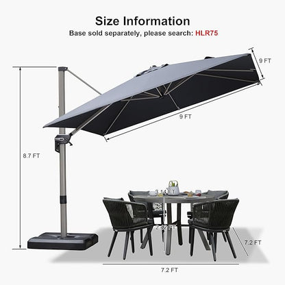 PURPLE LEAF 9' X 9' Patio Umbrella Outdoor Cantilever Umbrella, Aluminum Offset Umbrella with Champagne Frame and 360° Rotation for Pool Deck Garden, Grey