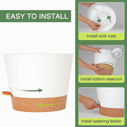 12inch Large Self Watering Plant Pot, Plastic Cylinder Planter with 60Oz Deep Reservoir and Saucer for Indoor Outdoor Plants Flowers Houseplants, White with Brown