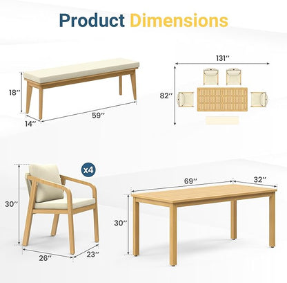 Wisteria Lane 6 Pieces Acacia Patio Dining Set for 6, Patio Dining Table and Chairs Set with Cushion, Modern Outdoor Dining Furniture Set for Lawn Backyard Garden Deck, Beige