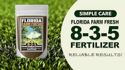 Fertilizer Commercial Grade | Florida Farm Fresh Organic 8-3-5 | 3 Pounds | Granular Slow Release Feed | Nitrogen Source | Lawns Vegetables Fruits Beds Borders Shrubs Ornamentals | 7–8 Month Coverage