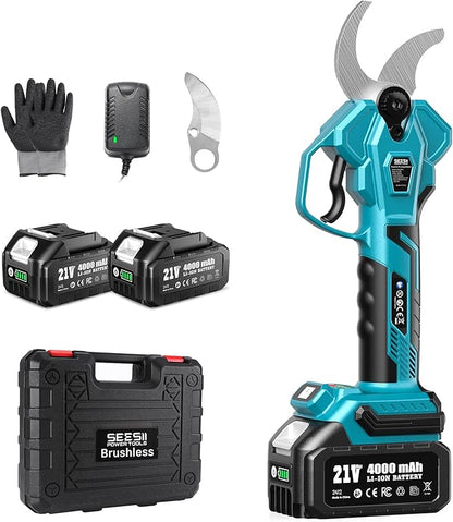 Seesii Electric Pruning Shears for Gardening: 1.8” Cutting Cordless Power Pruner - Brushless Motor, Dual 4.0Ah Battery, 4 Levels Adjustable Extra SK5 Blade Branches Cutter For Tree & Flower Trimming