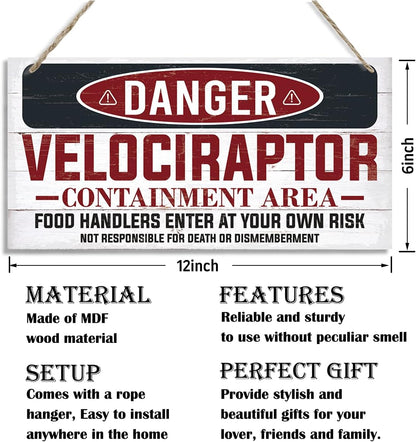Warning Velociraptor Containment Area Sign, Danger Dinosaur Park Decor, Decorative Hanging Wood Plaque, Farmhouse Indoor Outdoor Decor, Door Gate Hanger, Novelty Sign