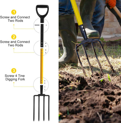 Pitchfork, Steel Tines, Manual Hay Fork, Pitchforks for Gardening Digging Composting Spading,4Tines Garden Fork witn Fiberglass Handle,46Inches (Black)