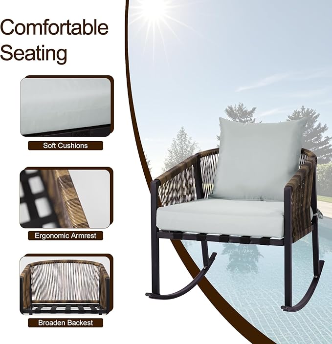 DECMICO 3-Piece Outdoor Wicker Patio Conversation Set, Rocking Bistro Chairs with Round Coffee Table for Small Space Balcony Backyard Garden, Beige