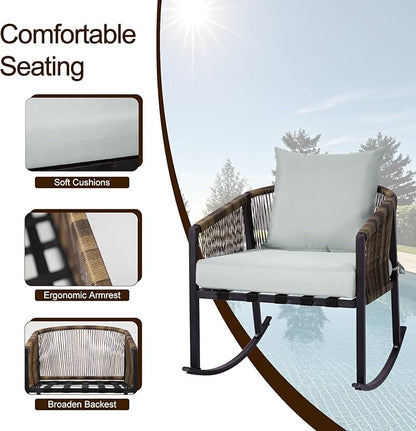 DECMICO 3-Piece Outdoor Wicker Patio Conversation Set, Rocking Bistro Chairs with Round Coffee Table for Small Space Balcony Backyard Garden, Beige