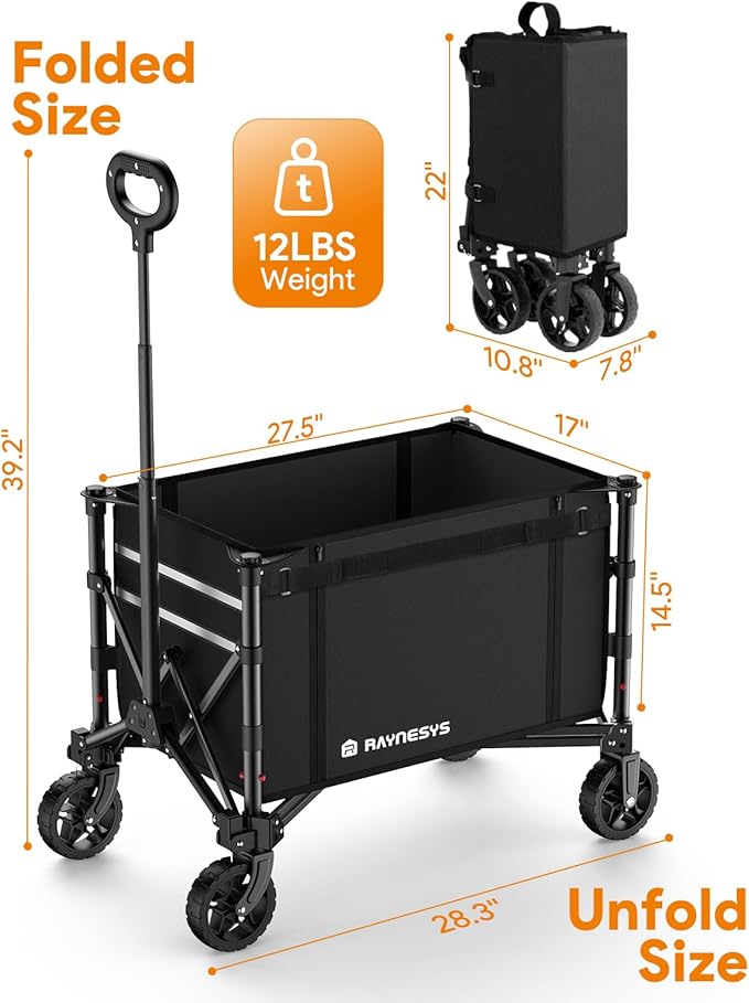 3 in 1 Collapsible Wagon Converts to Bench, 220lbs Foldable Wagon Cart with Wheels, 120L Shopping Cart for Groceries Folding Utility Wagon for Beach, Garden, Camping, Sport, Black