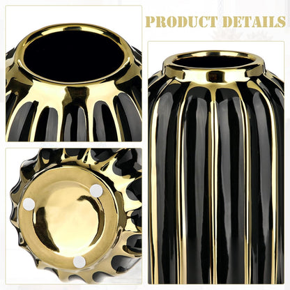 Briful Gold Plated Lantern Ceramic Vase Home Decor Creative Design Porcelain Decorative Flower Vase 11.02'' Black Ceramic Vases for Wedding Anniversary Decoration