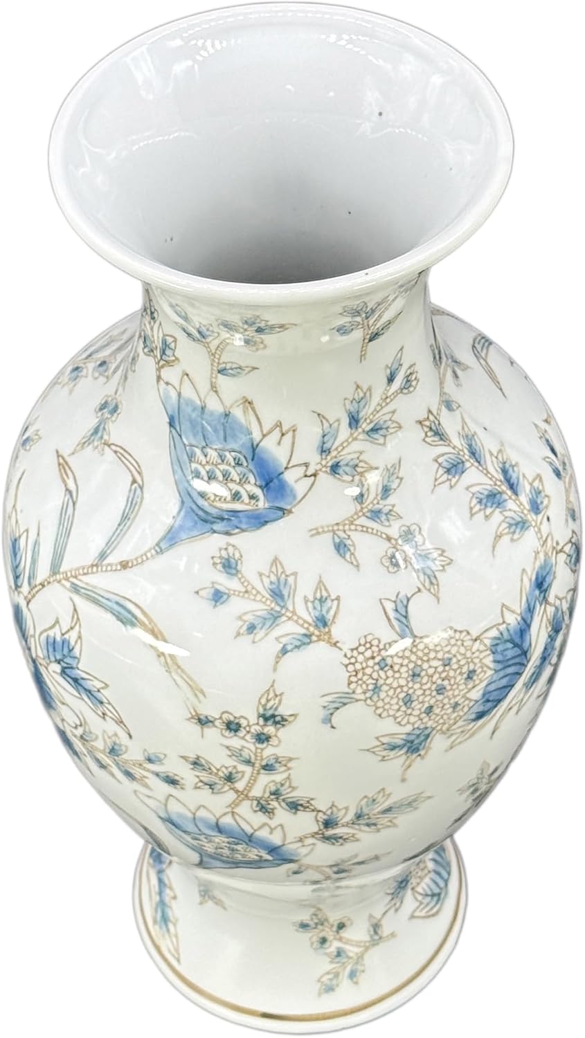 Galt International White & Blue Floral Chinoiserie Ceramic Vase 14" - Hand Painted Antique Style Porcelain Flower Bottle Fishtail Porcelain Chinese Vase for Home Decor Centerpiece