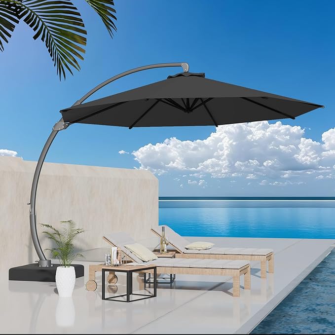 Kingdura 11ft Cantilever Patio Umbrella with Base Included, Large Round Offset Outdoor Pool Umbrella, 360° Rotation & Infinite Tilt, Heavy Duty Aluminum Frame for Deck Backyard, Grey