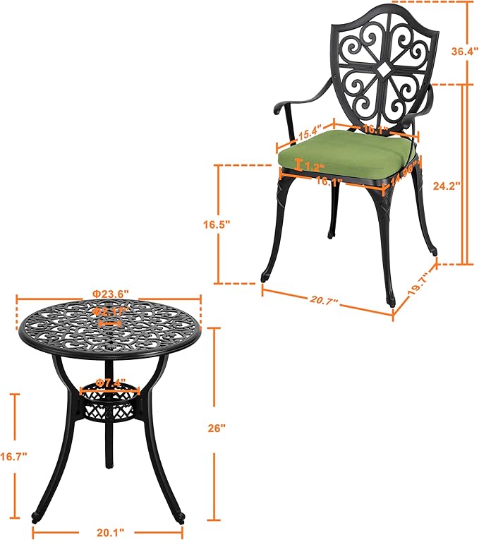 NUU GARDEN Outdoor 3 Piece Bistro Set with Cushions Round 24 Inch Cast Aluminum Table with 2.17 Inch Umbrella Hole and 2 Cast Aluminum Bistro Chairs for Patio Garden Backyard and Balcony Black