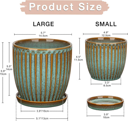 Oairse Ceramic Pots for Indoor Plants, 4.9 + 5.7 Inch Set of 2 Bluish Grey With Drainage Holes and Saucers, Texture Planters for Succulent, Indoor Outdoor Flower