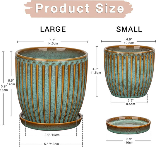 Oairse Ceramic Pots for Indoor Plants, 4.9 + 5.7 Inch Set of 2 Bluish Grey With Drainage Holes and Saucers, Texture Planters for Succulent, Indoor Outdoor Flower