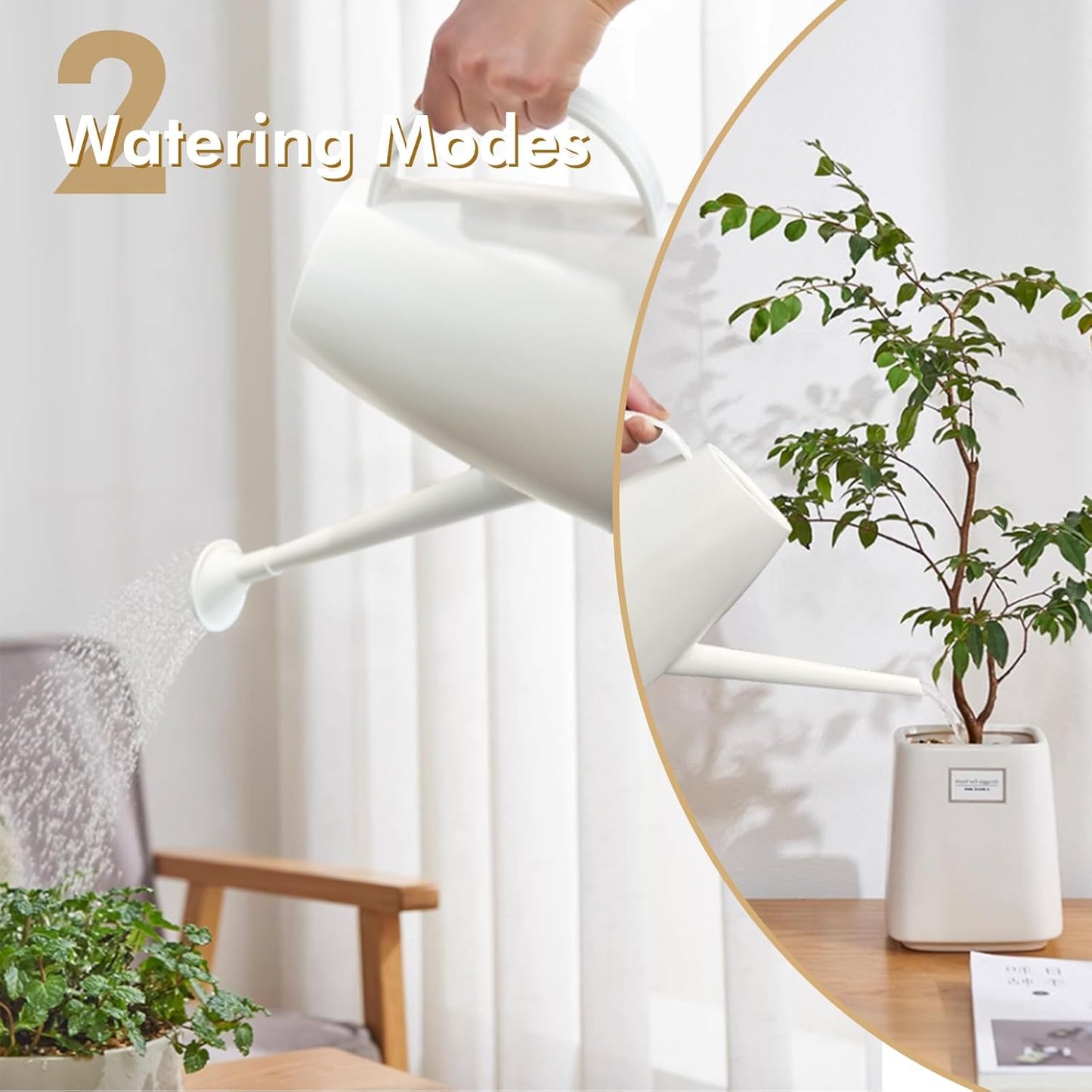 Watering Can for Indoor Outdoor Plants, Modern Small Watering Cans with Removable Nozzle, Long Spout Watering Can for Indoor Bonsai Plants Garden Flowers 1/2 Gallon 1.8L 60OZ (White)