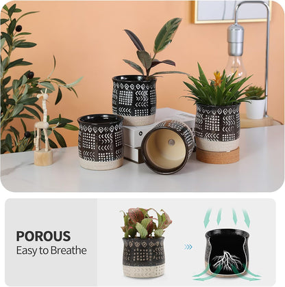 OMAYKEY 4 Inch Ceramic Plant Pot with Tray, Retro Black Small Planters Pots with Drainage Hole & Mesh Pads for Succulent, Indoor Flowers, Snake Plants, Cactus, Herbs, Aloes - 4 Packs