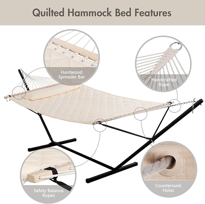 ANOW Outdoor Hammock with 12 Feet Heavy Duty Steel Stand, Two Person Hammock with Stand Included, 450 LBS Weight Capacity, Cream