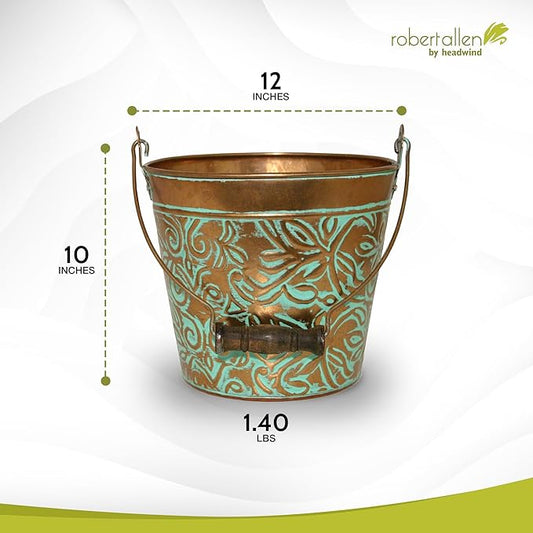 Headwind Robert Allen Vintage Floral Metal Planter with Handle, 12-Inch, Vintage Copper – Lightweight Indoor/Outdoor Flower Pot with Drainage Hole