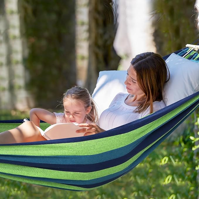 Chihee Cotton Hammock Large Soft Breathable Camping Hammock Holds Up to 660lbs Portable Tree Hammock with Detachable Spreader Bar Pillow 2 Strong Webbings 2 Carabiners Patio Garden Indoor Outdoor