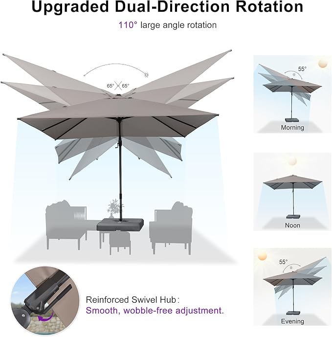 PURPLE LEAF 10' X 6.5' Left-right Tilting Outdoor Patio Umbrella Swivel Offset Cantilever Heavy Duty Rectangle Aluminum Umbrella with UV Resistant for Deck Pool Patio Backyard, Ash Mocha