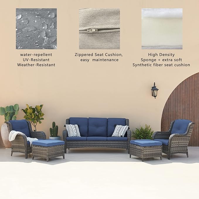 Outdoor Patio Wicker Furniture Set - 6 Piece Rattan Patio Conversation Sectional Sofa Set with 1 Couch,2 Armchairs,2 Ottomans and 1 Glass Top Coffee Table for Porch Deck Garden(Mixed Grey/Blue)