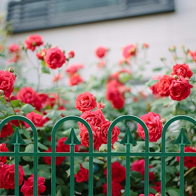 Sunnyglade 12 Pack Garden Edging Decorative Border Recycled Plastic Landscape Garden Fence Flexible No-Dig Spikes Ornamental Wrought Iron Style Decorative Border,Dark Green