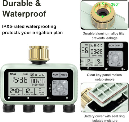 Watering Timer 4 Zone with with Brass Inlet, Sprinkler Timer, Programmable Garden Outdoor Hose Faucet Timers with Rain Delay/Manual/Automatic Watering System,Water Hose Irrigation Timers 4 Outlet