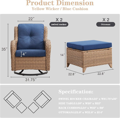 4 Pieces Patio Furniture Sets, Wicker Patio Swivel Glider Chair with Ottomans, Outdoor Furniture Set for Outside Porch, Deck, Balcony, Garden, Yellow